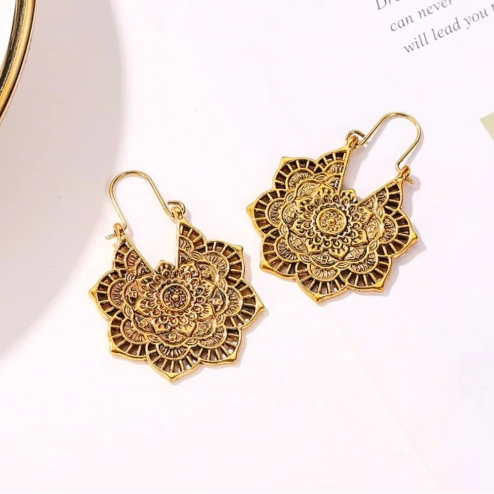 Gold Toned Mandala Design Earrings - Picture 2 of 4